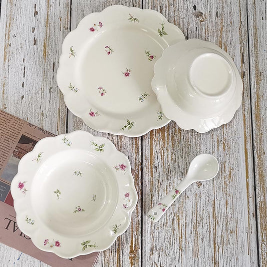 Rustic Floral Ceramic Tableware 4 - Piece Set: 6 - inch Bowl + 9 - inch Flat Plate + 8 - inch Deep Plate + Small Spoon, Vintage Scalloped Design, Creating a Cozy Dining Atmosphere