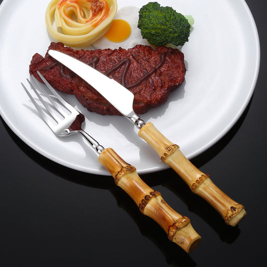 7-Piece Bamboo Handle Stainless Steel Cutlery Set – Knife, Fork, and Spoon Tableware Collection