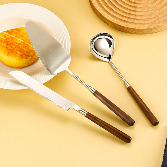 5-Piece Wooden Handle Stainless Steel Cake Knife and Server Set – Multi-Purpose Dessert Utensils