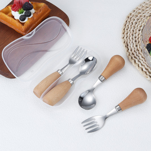 6-Piece Wooden Handle Stainless Steel Kids Cutlery Set – Spoon and Fork for Toddlers