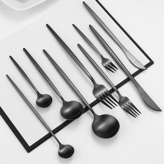 9-Piece Black Stainless Steel Cutlery Set – Knife, Fork, and Spoon Collection