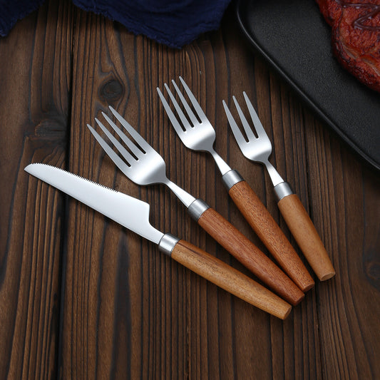 8-Piece Wooden Handle Stainless Steel Cutlery Set – Knife, Fork, and Spoon Collection