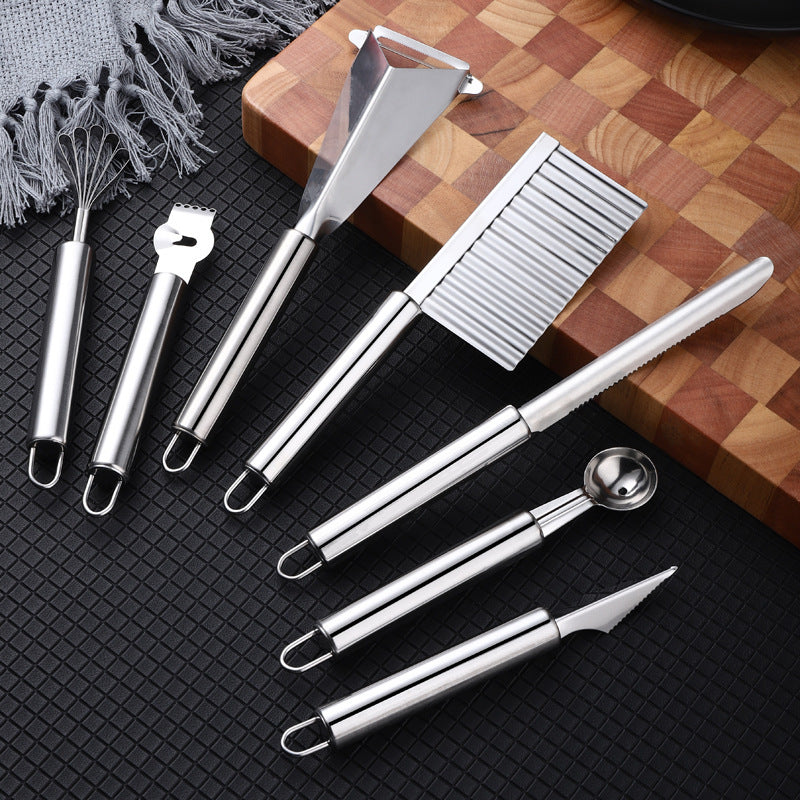 7-Piece Stainless Steel Kitchen Tool Set – Lemon Zester, Fruit Baller, Apple Divider, Carving Knife, Wavy Cutter, Corer, Coconut Shredder