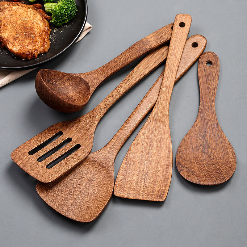 5-Piece Wooden Cooking Utensil Set – Natural Wood Spoon, Ladle, Turner, and Rice Paddle
