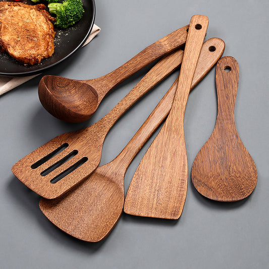 5-Piece Wooden Cooking Utensil Set – Natural Wood Spoon, Ladle, Turner, and Rice Paddle