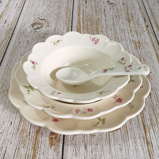 Rustic Floral Ceramic Tableware 4 - Piece Set: 6 - inch Bowl + 9 - inch Flat Plate + 8 - inch Deep Plate + Small Spoon, Vintage Scalloped Design, Creating a Cozy Dining Atmosphere