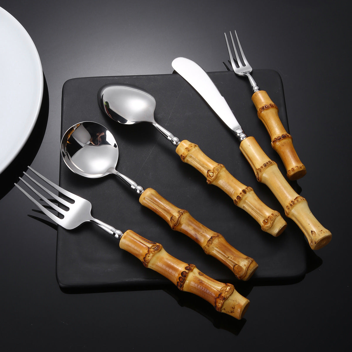 7-Piece Bamboo Handle Stainless Steel Cutlery Set – Knife, Fork, and Spoon Tableware Collection
