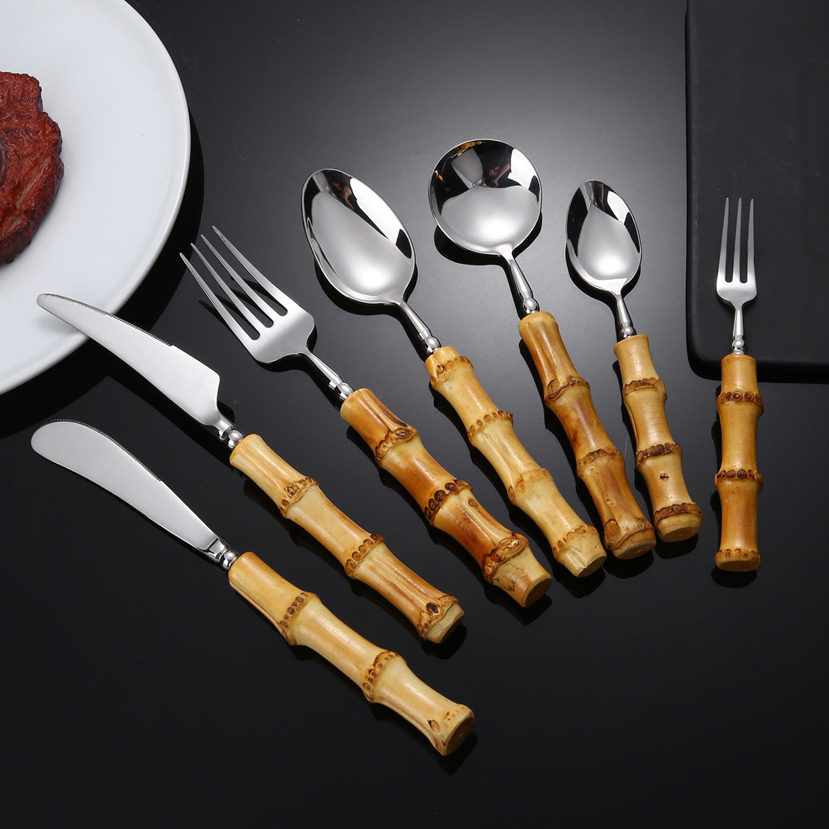 7-Piece Bamboo Handle Stainless Steel Cutlery Set – Knife, Fork, and Spoon Tableware Collection