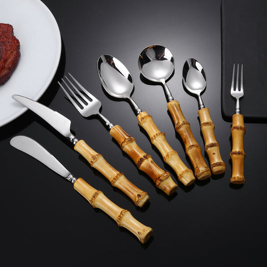 7-Piece Bamboo Handle Stainless Steel Cutlery Set – Knife, Fork, and Spoon Tableware Collection