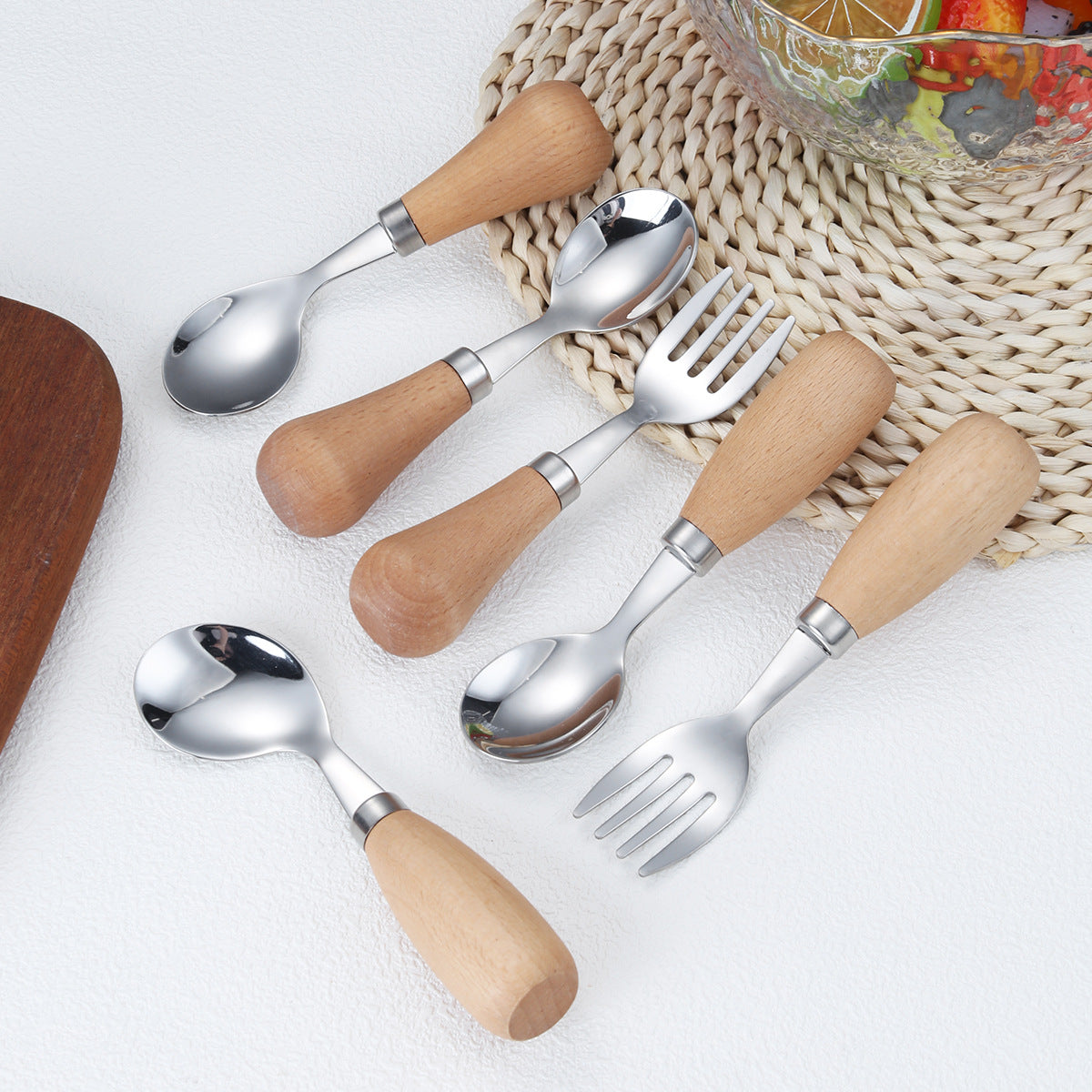 6-Piece Wooden Handle Stainless Steel Kids Cutlery Set – Spoon and Fork for Toddlers