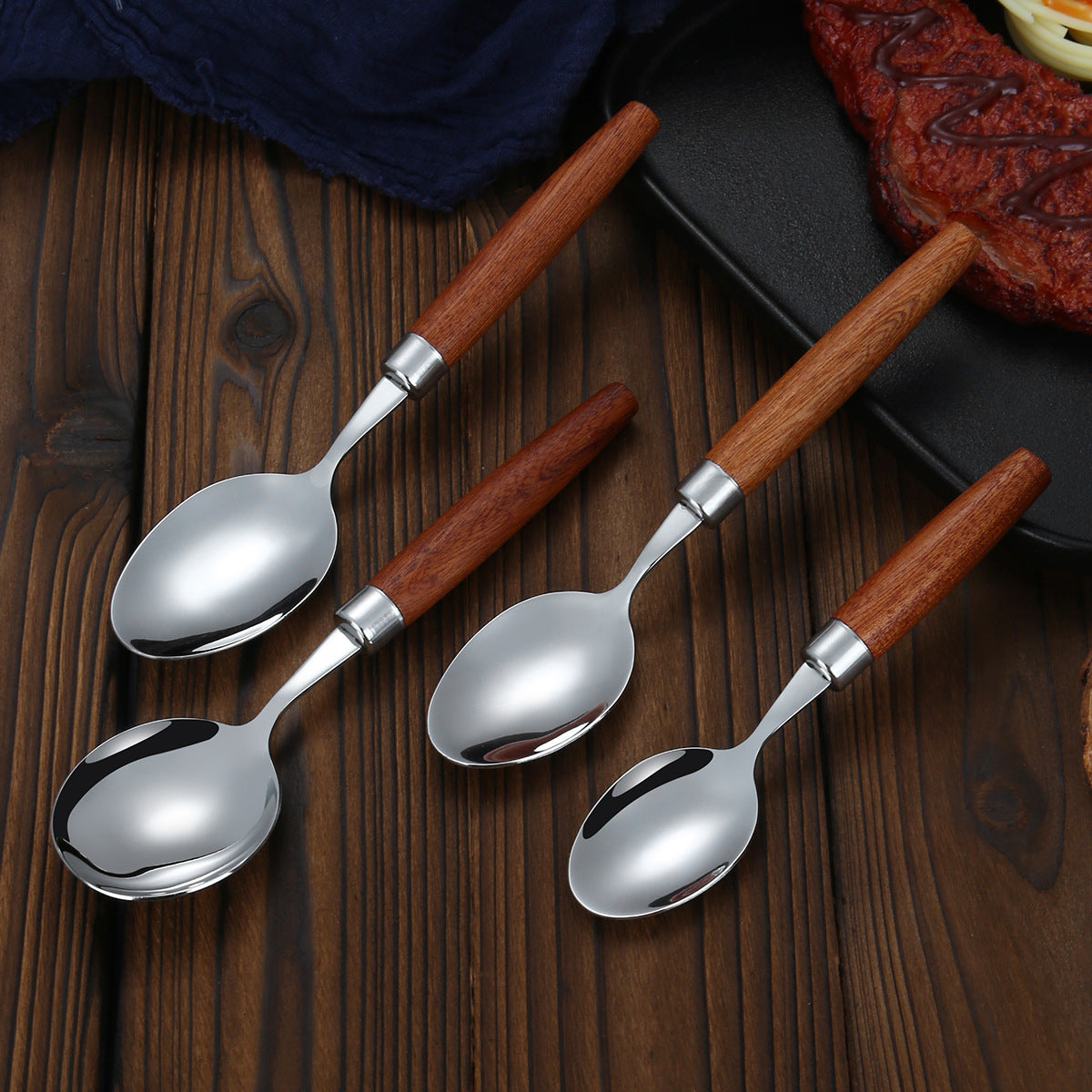 8-Piece Wooden Handle Stainless Steel Cutlery Set – Knife, Fork, and Spoon Collection