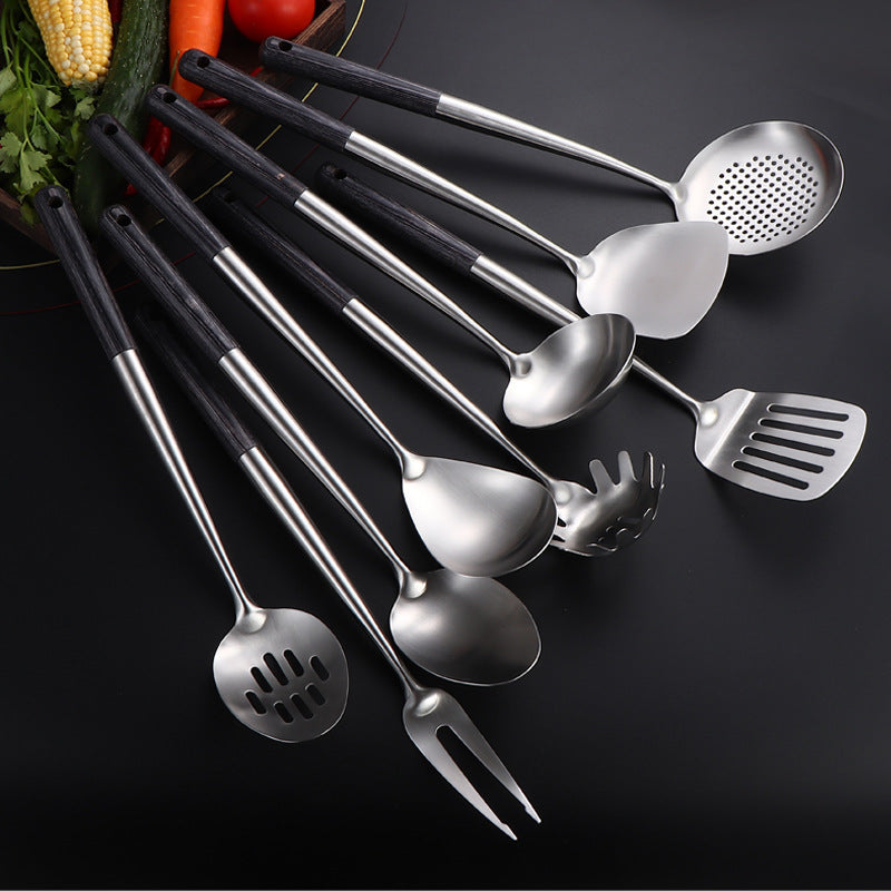 9-Piece Wooden Handle Stainless Steel Kitchen Utensil Set – Cooking Spoon, Ladle, Skimmer, Turner Collection