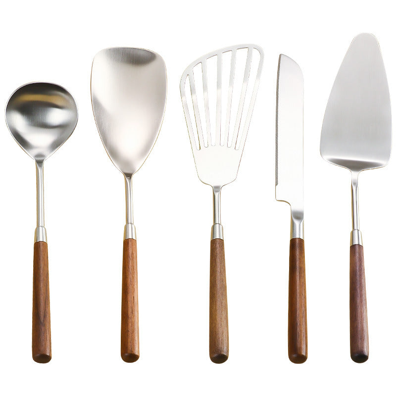 5-Piece Wooden Handle Stainless Steel Cake Knife and Server Set – Multi-Purpose Dessert Utensils