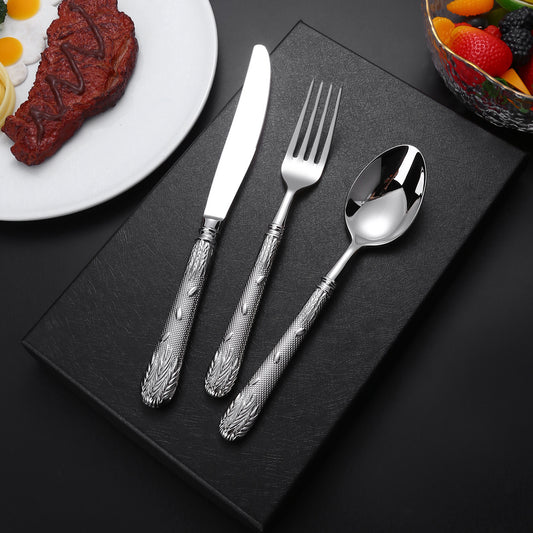 Carved Handle Stainless Steel Flatware Set – 5-Piece Elegant Silverware Collection