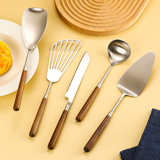 5-Piece Wooden Handle Stainless Steel Cake Knife and Server Set – Multi-Purpose Dessert Utensils