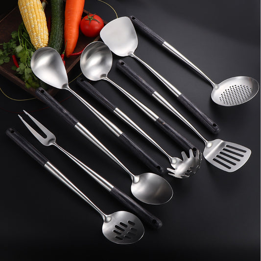 9-Piece Wooden Handle Stainless Steel Kitchen Utensil Set – Cooking Spoon, Ladle, Skimmer, Turner Collection