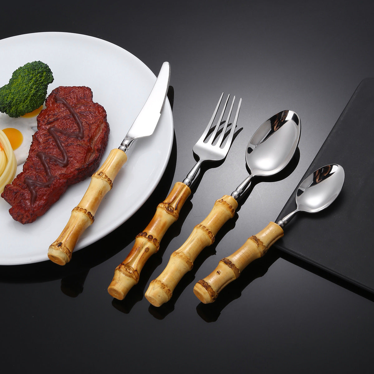 7-Piece Bamboo Handle Stainless Steel Cutlery Set – Knife, Fork, and Spoon Tableware Collection