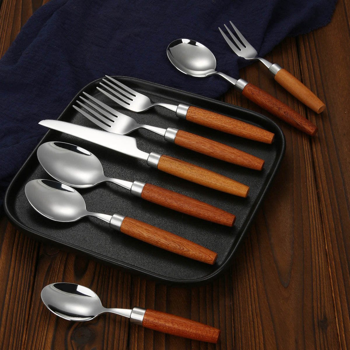 8-Piece Wooden Handle Stainless Steel Cutlery Set – Knife, Fork, and Spoon Collection