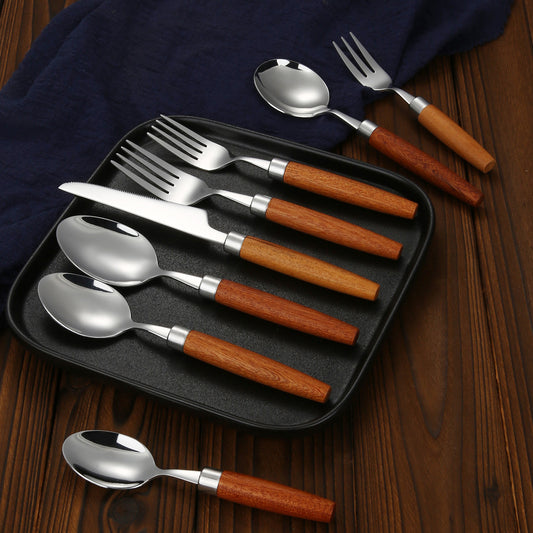 8-Piece Wooden Handle Stainless Steel Cutlery Set – Knife, Fork, and Spoon Collection
