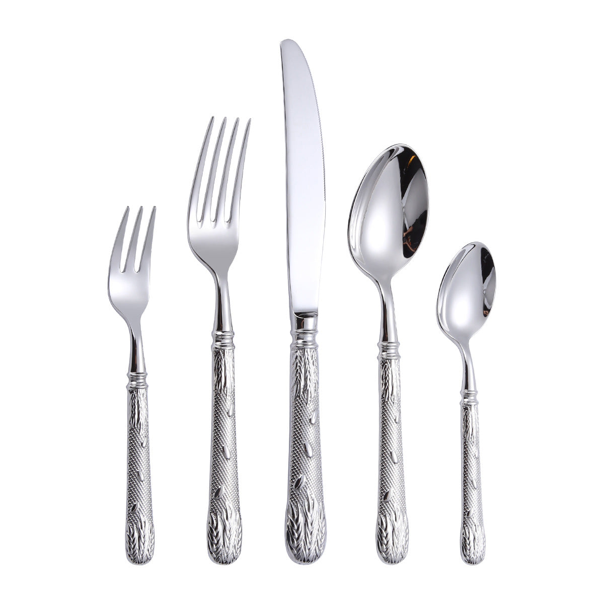 Carved Handle Stainless Steel Flatware Set – 5-Piece Elegant Silverware Collection