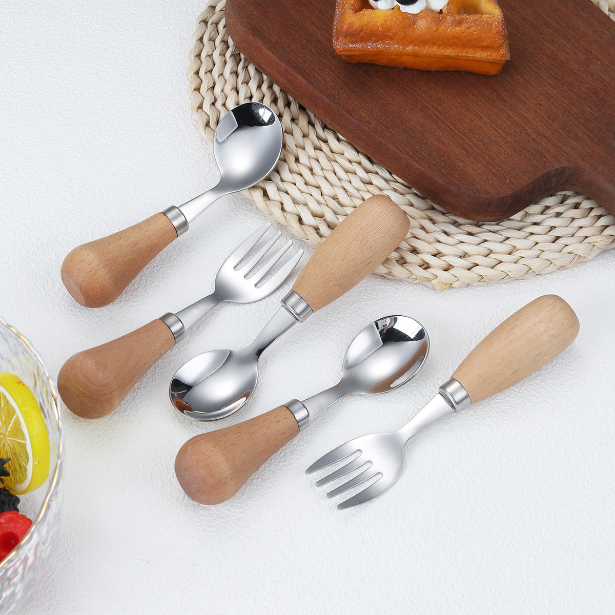 6-Piece Wooden Handle Stainless Steel Kids Cutlery Set – Spoon and Fork for Toddlers