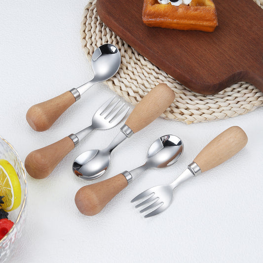 6-Piece Wooden Handle Stainless Steel Kids Cutlery Set – Spoon and Fork for Toddlers