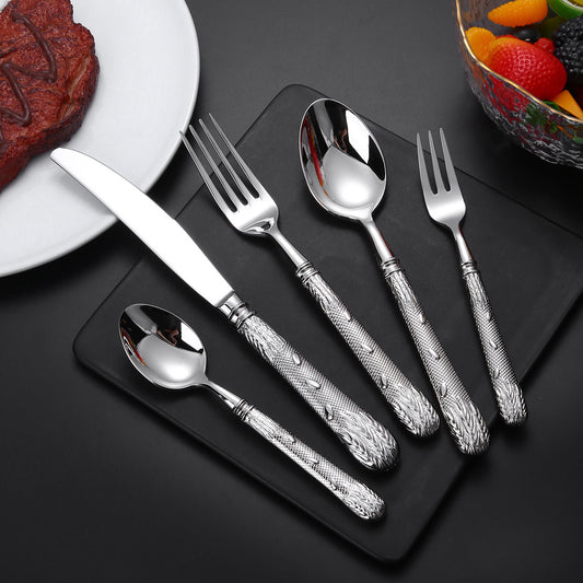 Carved Handle Stainless Steel Flatware Set – 5-Piece Elegant Silverware Collection