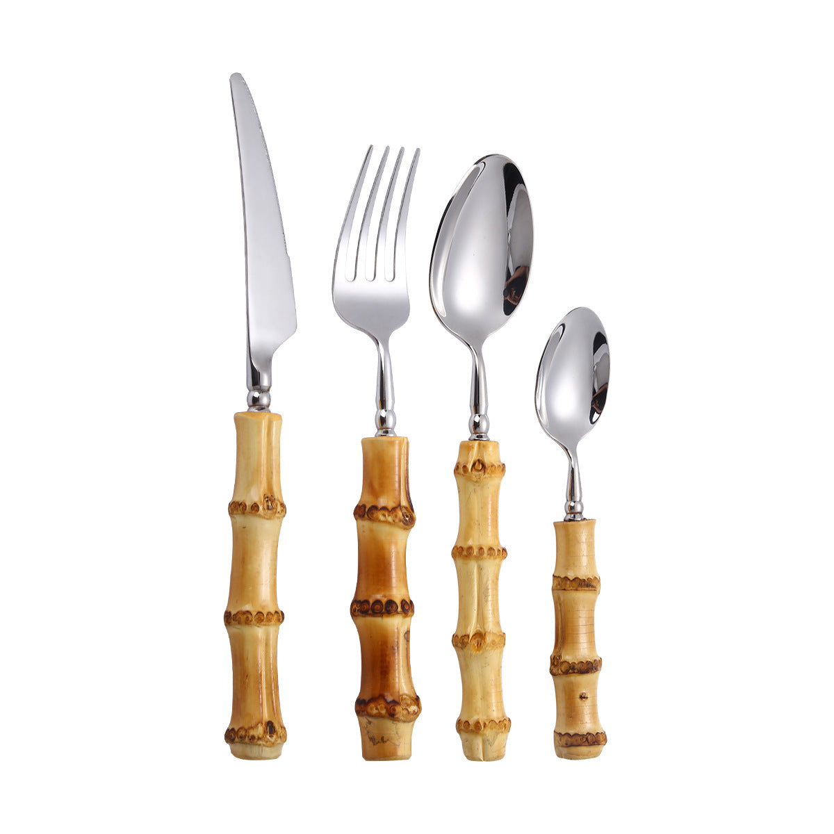 7-Piece Bamboo Handle Stainless Steel Cutlery Set – Knife, Fork, and Spoon Tableware Collection