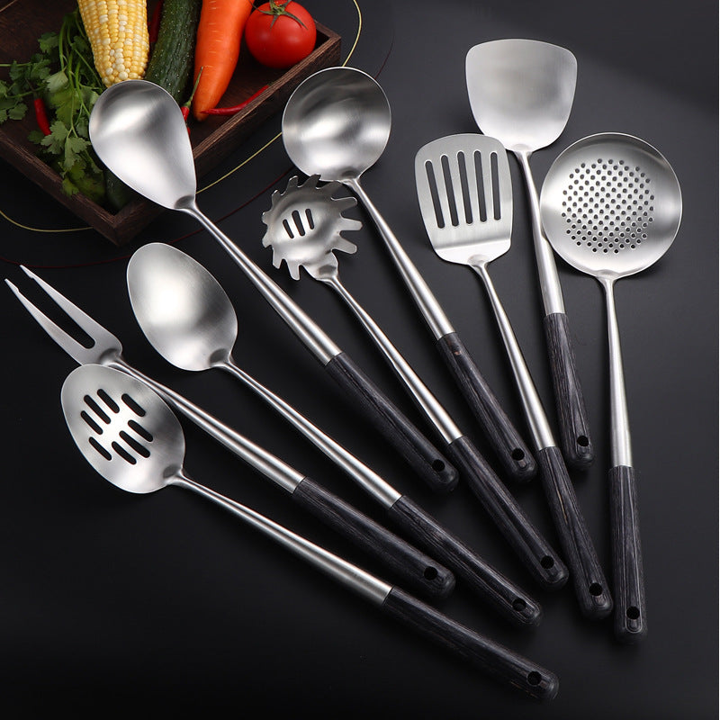 9-Piece Wooden Handle Stainless Steel Kitchen Utensil Set – Cooking Spoon, Ladle, Skimmer, Turner Collection
