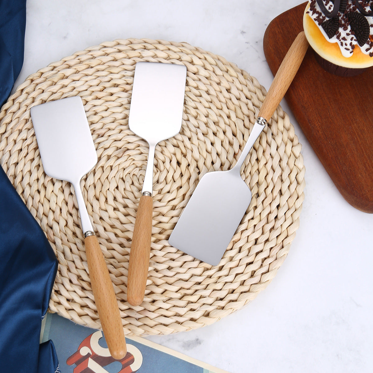 3-Piece Wooden Handle Stainless Steel Spatula Set – Cooking, Baking, and Serving Utensils