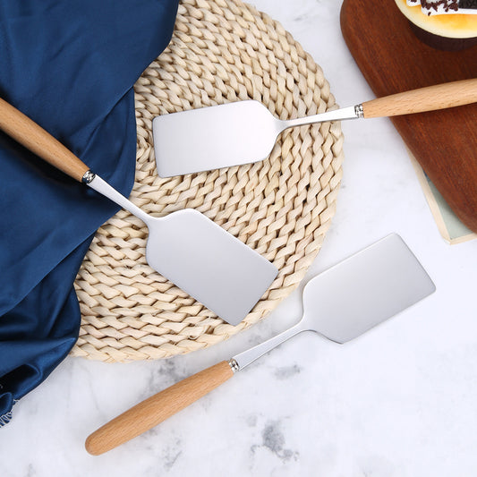 3-Piece Wooden Handle Stainless Steel Spatula Set – Cooking, Baking, and Serving Utensils