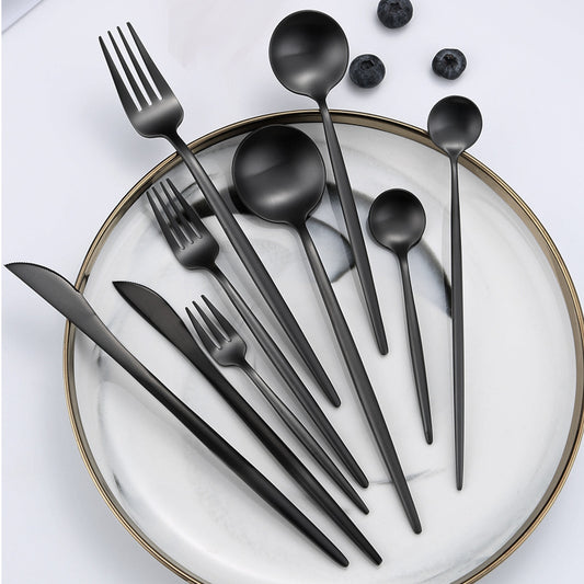 9-Piece Black Stainless Steel Cutlery Set – Knife, Fork, and Spoon Collection