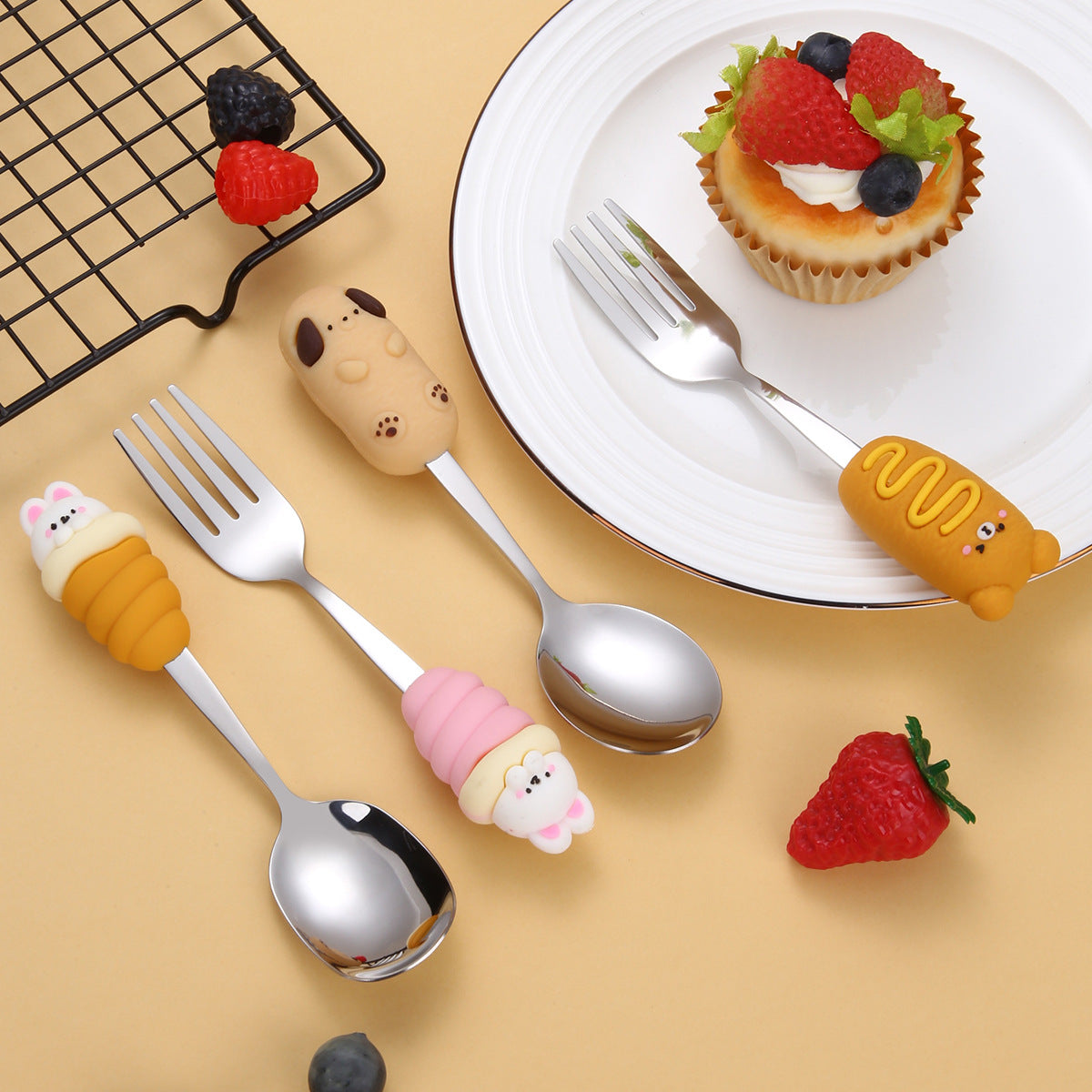 8-Piece Cartoon Silicone Handle Kids Cutlery Set – Stainless Steel Spoon and Fork Combination for Toddlers
