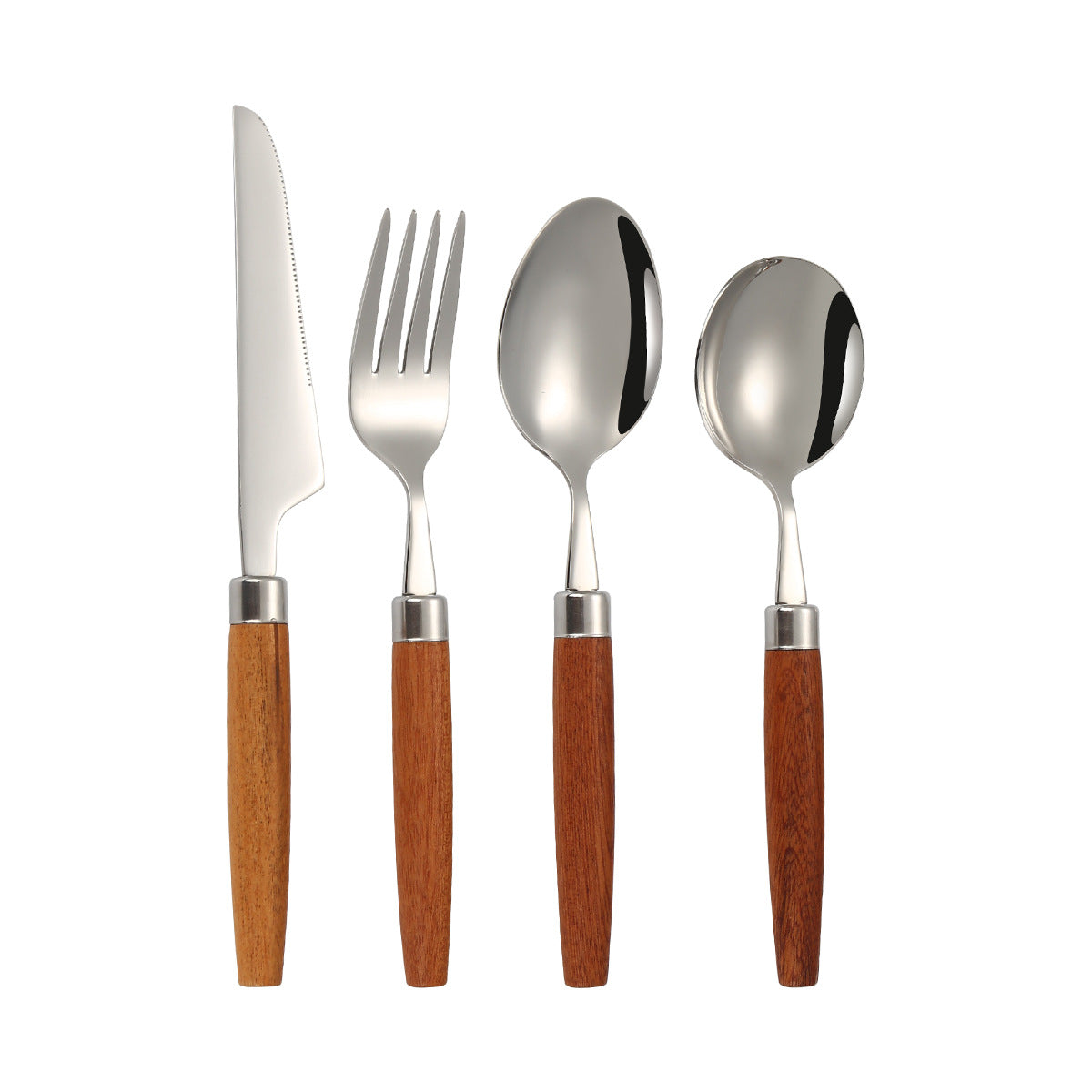 8-Piece Wooden Handle Stainless Steel Cutlery Set – Knife, Fork, and Spoon Collection