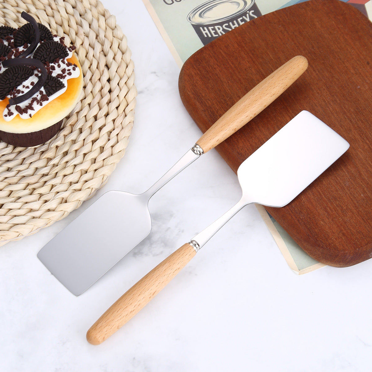 3-Piece Wooden Handle Stainless Steel Spatula Set – Cooking, Baking, and Serving Utensils