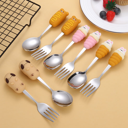 8-Piece Cartoon Silicone Handle Kids Cutlery Set – Stainless Steel Spoon and Fork Combination for Toddlers