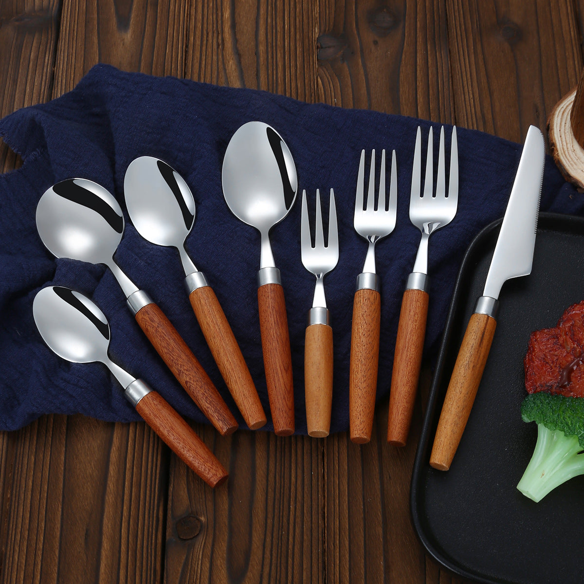 8-Piece Wooden Handle Stainless Steel Cutlery Set – Knife, Fork, and Spoon Collection